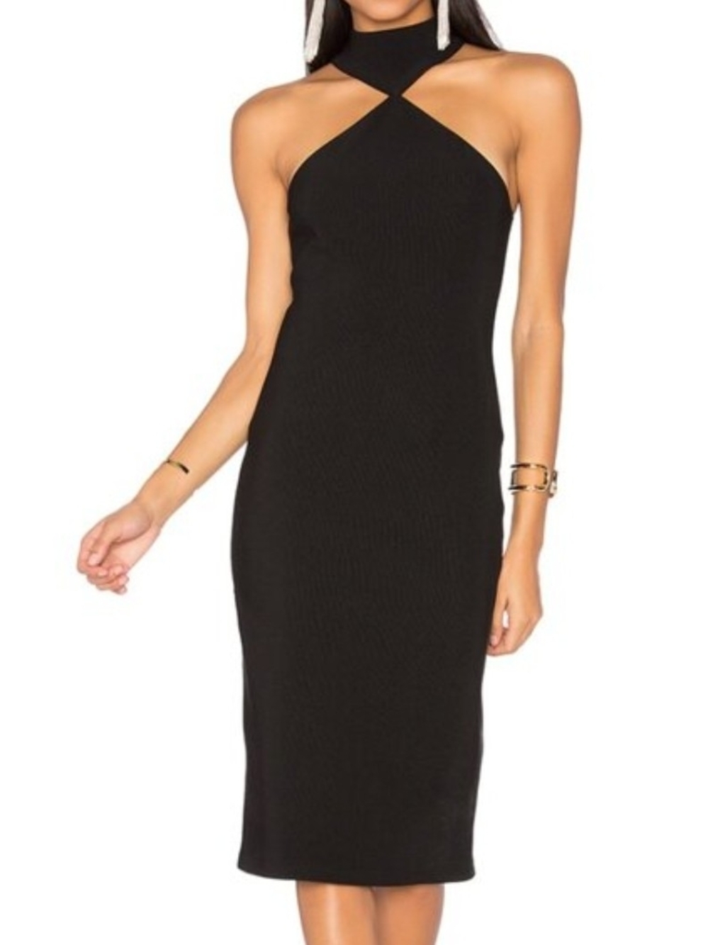 LPA Black Cross-Neck Halter Midi Dress Sm